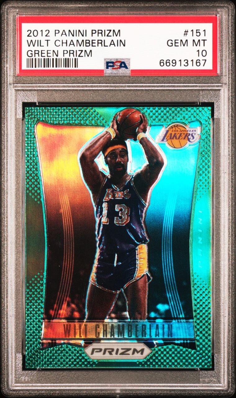 2012-13 Panini Prizm #151 Wilt Chamberlain Green Prizm SSP PSA 10 GEM MINT POP 7