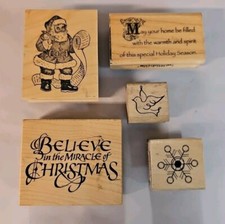 Santa And Christmas Messages With Dove And Snowflake Wooden Backed Rubber Stamps
