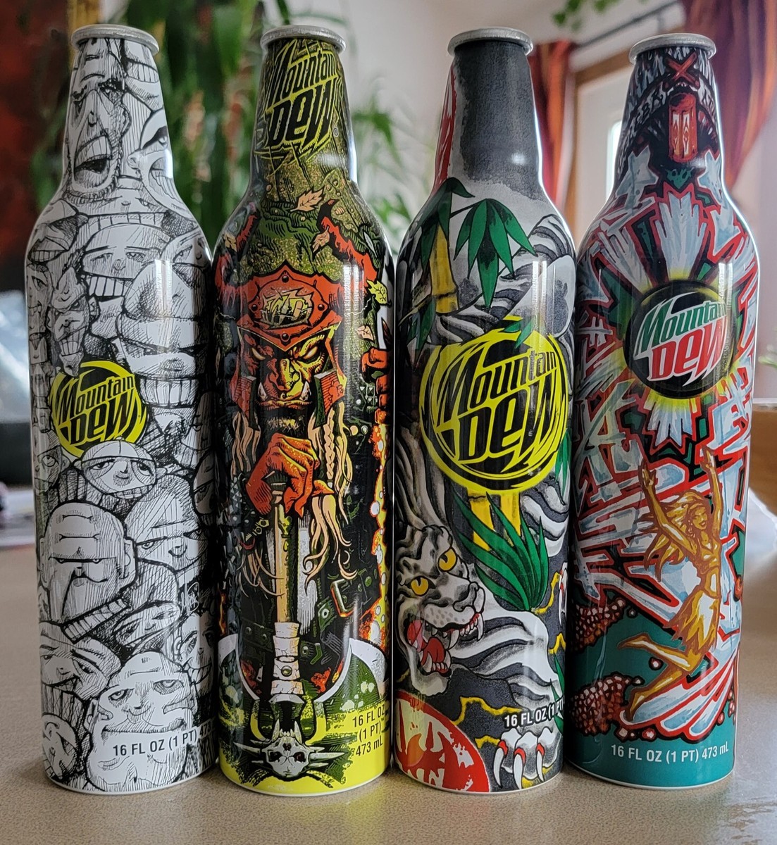 mountain dew green label art aluminum bottles, 4 assorted bottles