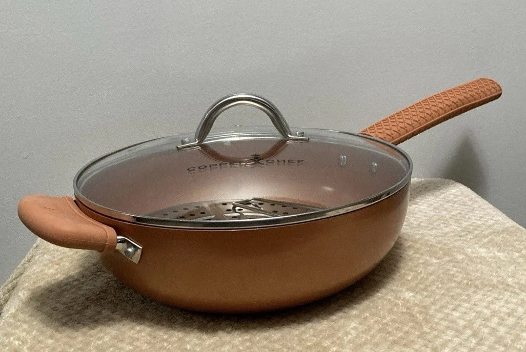 Copper Chef 12in Round Skillet Ceramic Non-Stick Coating with Lid & Accessories