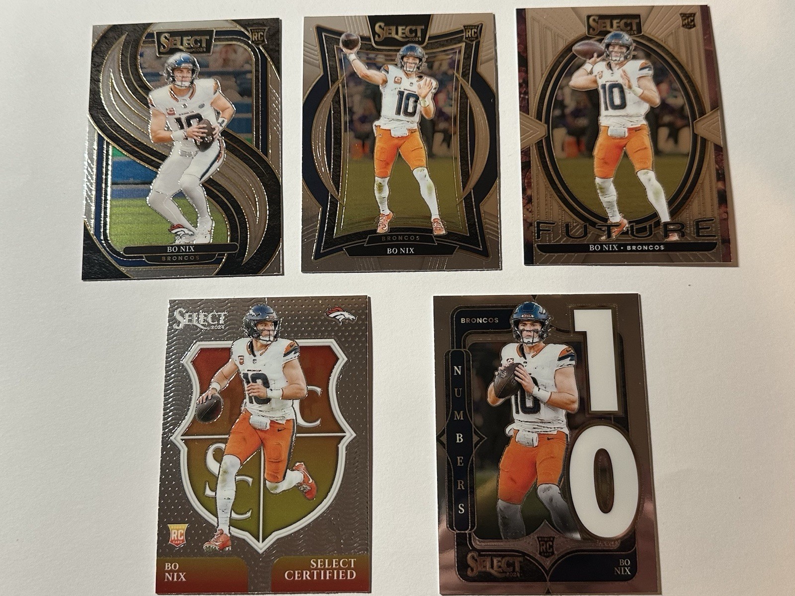 Lot of (5)-2024 Select Bo Nix Rc’s Future 7 Numbers 6 Premier 117 Concourse 20