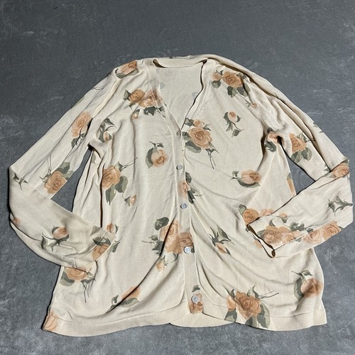 Liz Claiborne, Vintage Liz Claiborne Silk Cardigan Womens Large Ivory Floral Rose Cottage