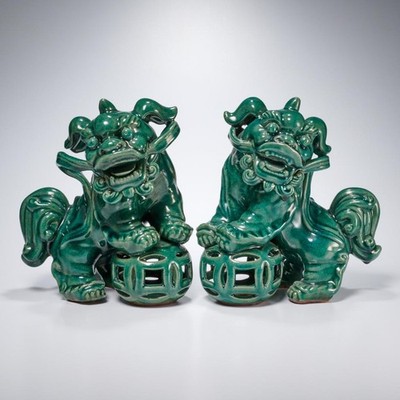Jade Green Foo Dogs Oriental Accent Ceramic Guardian Pair Figurines On Balls 2pc