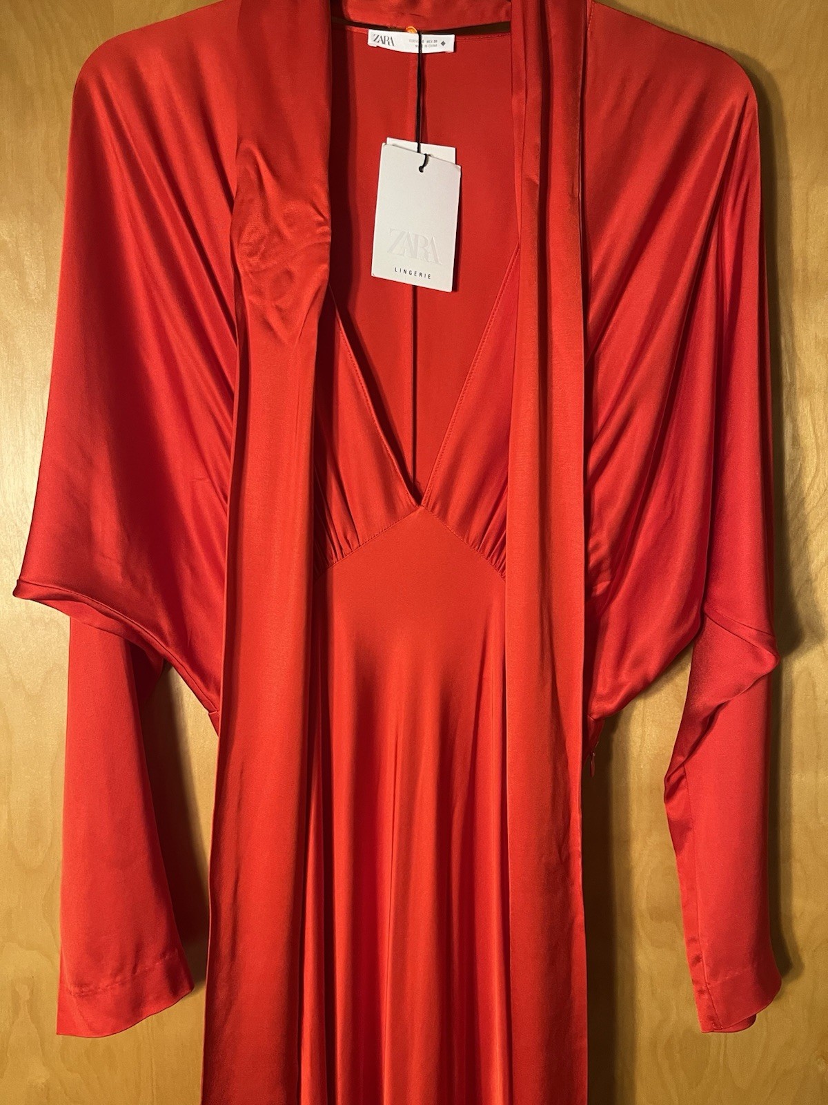 NWT Zara Lingerie Batwing Sleeve Scarf Satin Effect Red Maxi Dress Sz S See Meas thumbnail 5