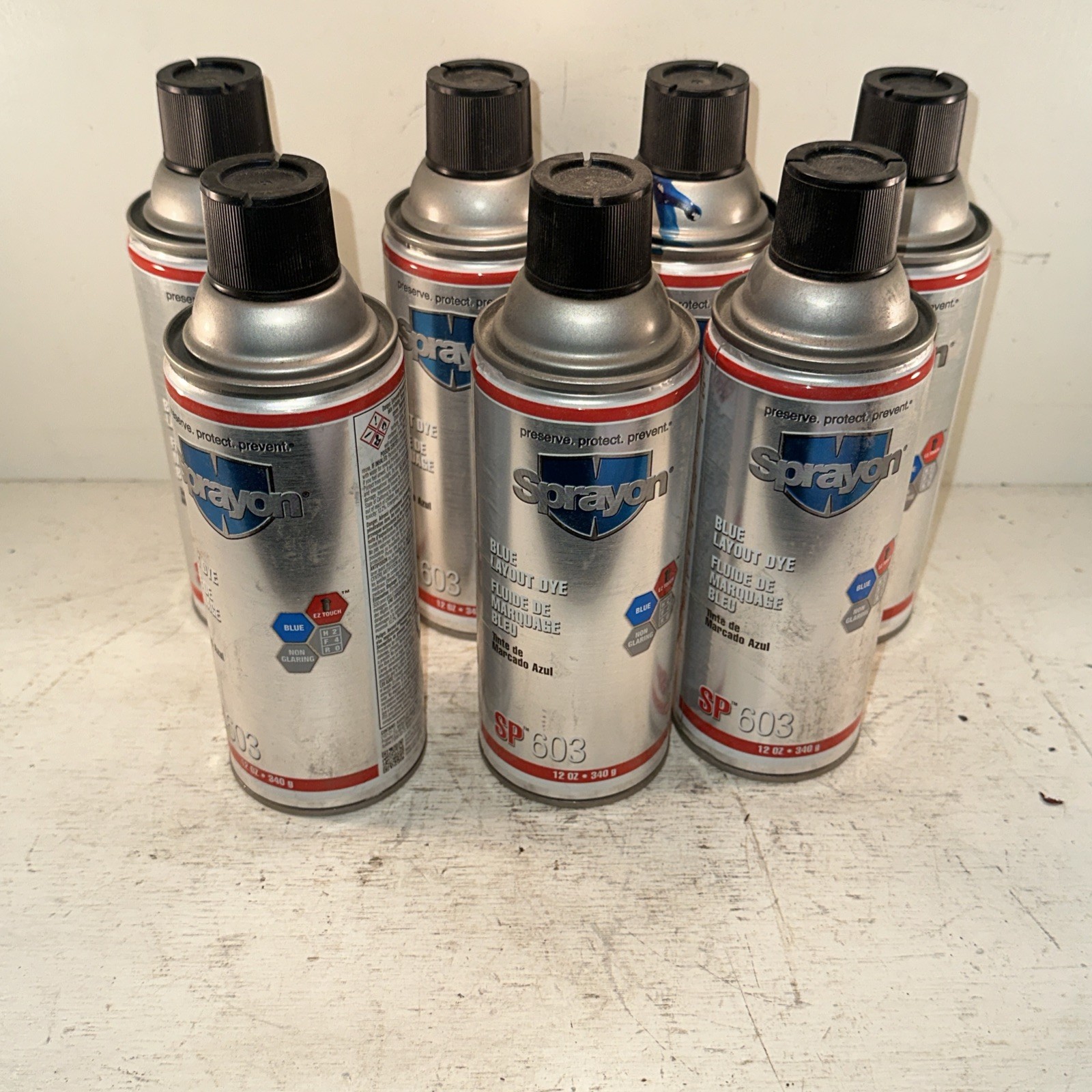 Lot Of 7 New Sprayon SP603 Blue Layout DYE 12 Oz Aerosol, SKU #S00603000 SP603