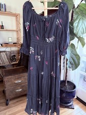 Fig and Flower Anthropologie Women Small blue Embroidered Tiered Boho Maxi Dress