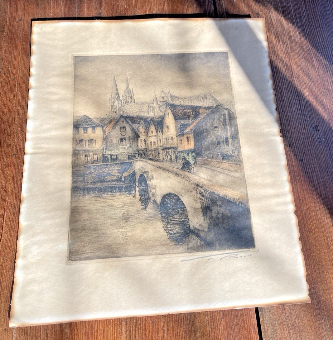 Chartres Cathedral French Aquatint Etching Signed T. Rost, Old Stone Bridge