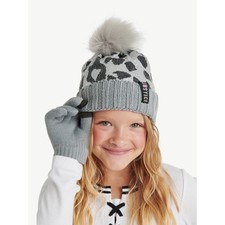 Justice Girls Cheetah Pattern Sequin Beanie Hat wt Pom and Gloves One Size Gray