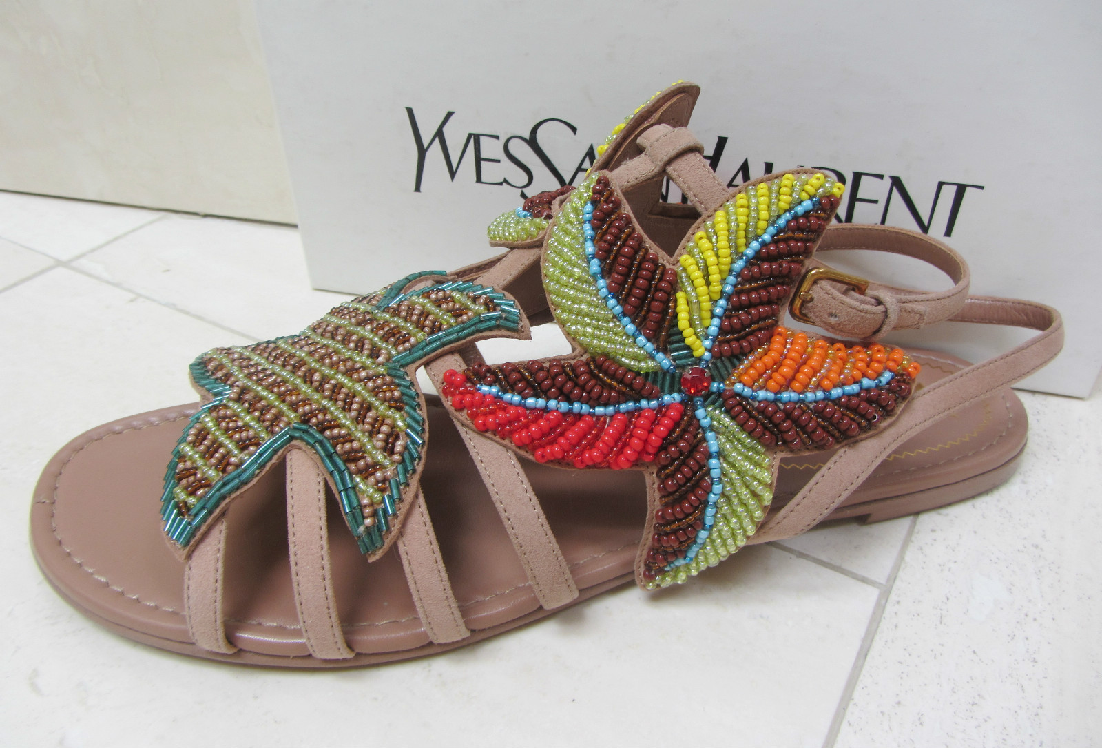Sandali nuovi con scatola ysl yves saint laurent FIORE STARFISH 05 PERLINE cinturino piatto 39