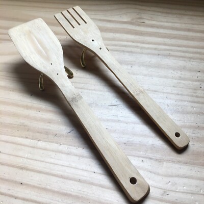 12  Handmade Wooden Bamboo Kitchen Spatula & Fork w/ Brass Rack Hooks / Stand