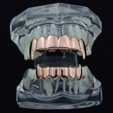 14k Rose Gold Plated Full Fang Grillz Set Top Bottom Fangs Vampire Teeth Grills