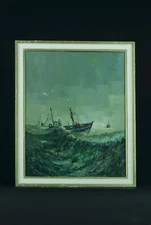 Painting Antique Impressionist Marine Boat Retour Au Port Bad Weather Trawler