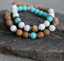 Men's Beaded Turquoise Stretch Bracelet 2 pc set 8mm Stack-able Bracelets