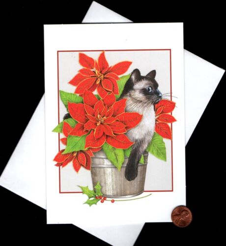 CHRISTMAS Cat Kitten Red Poinsettia Flowers Plant  - Greeting Card W/ TRACKING - Picture 1 of 5