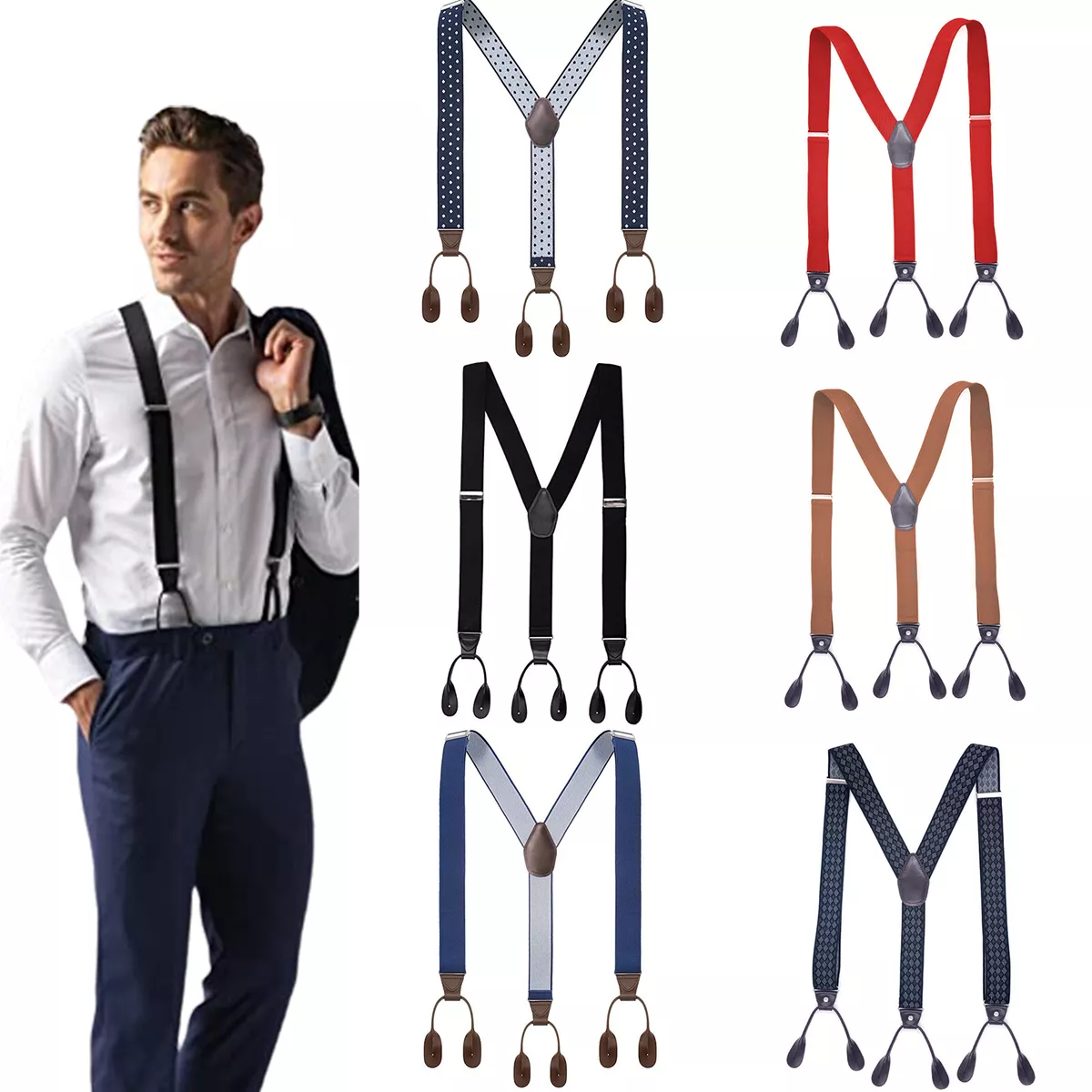 Mens Button End Suspenders 1.4 Inch Y Back Adjustable Elastic Tuxedo Suspenders