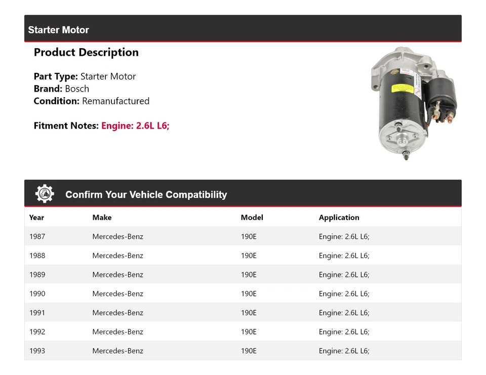 Motor De Arranque Bosch Para Mercedes 190E 1987-1993 2.6L L6 (Remanufacturado) 1988 1989 Foto 2 de 4