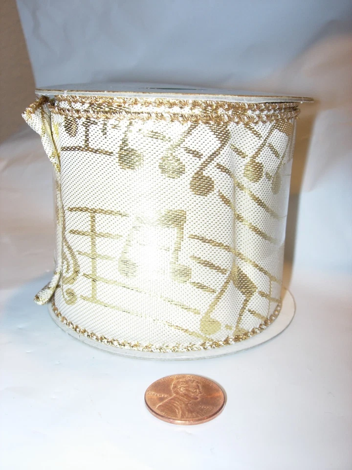 gold 2 1/2" X 3 YARDS SPOOL RIBBON PARTY GIFT WRAP christmas wire edge music - Image 2 of 4