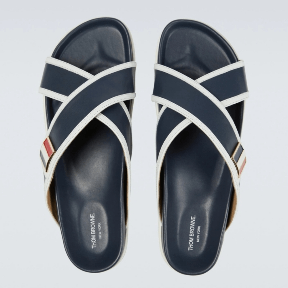 Thom Browne cross cross sandals w/RWB enamel buckle in vitello calf. Leather. Thom Browne | Shoes | Thom Browne Cross Cross Sandals Wrwb  main image 3