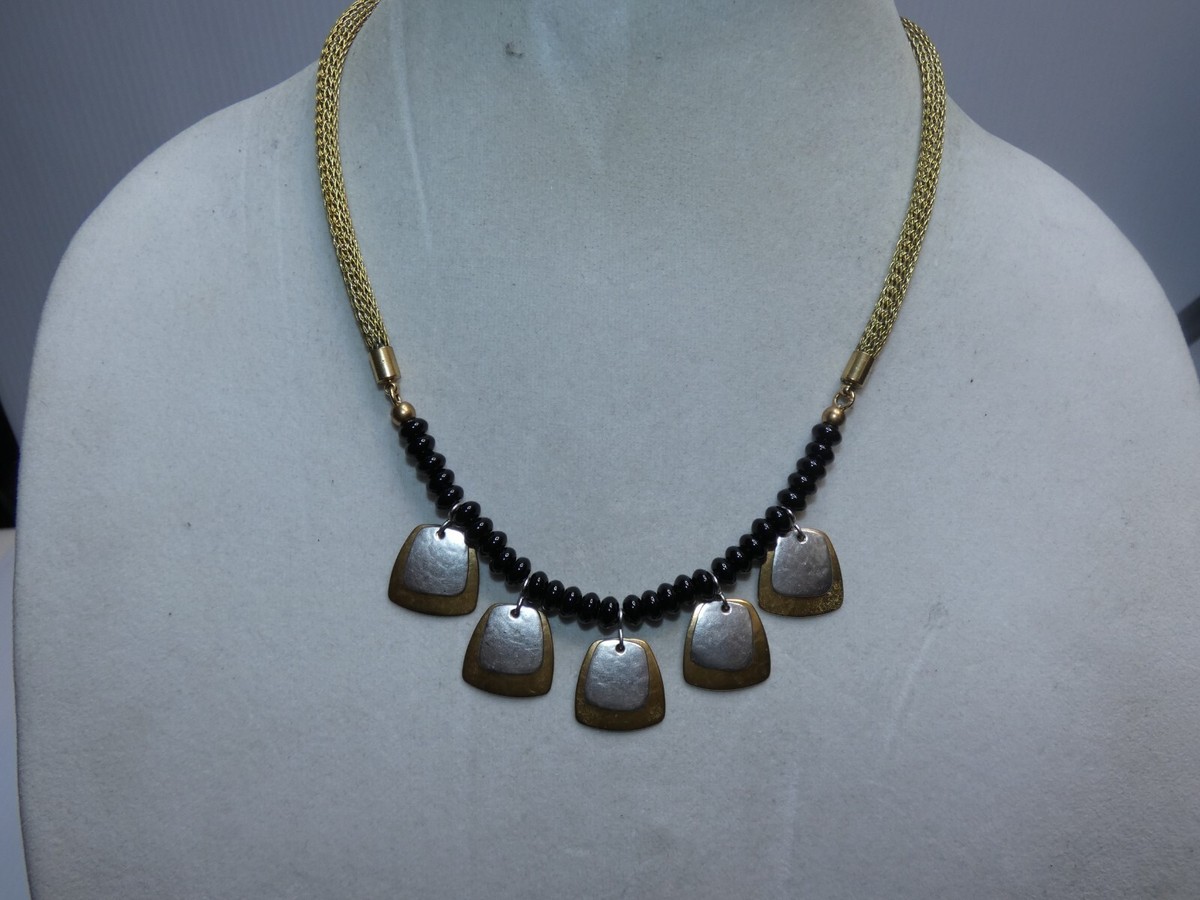 Baer SF Necklace, Gold and Silver Tone Dangles, Gold Tone Mesh