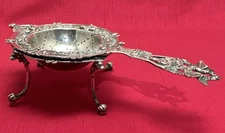 2 Pc 800S Silver TEA STRAINER & FOOTED DRIP BOWL Birds Flowers & Sword Design