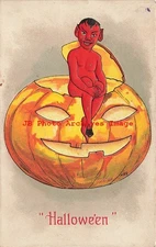 Halloween, Leubrie & Elkus No 2216-3, Red Devil Sitting on a Jack o Lantern