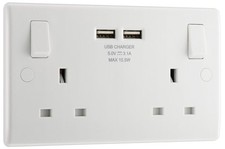 BG Electrical Double Switched Power Wall Plug Socket with Two USB - New