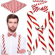 3 Pcs Christmas Men Suspenders Candy Cane Bow Tie With Pocket Square Set Adjust