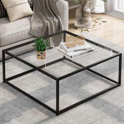 Black Glass Coffee Table for Living Room,Square Coffee Tables for Small Space...