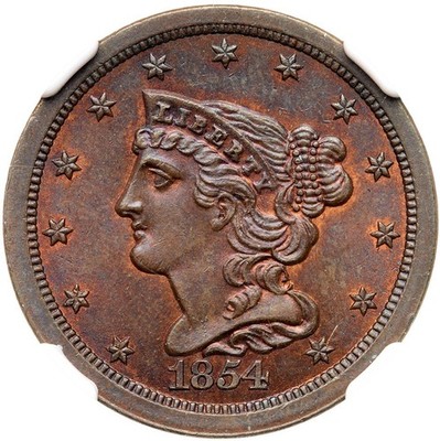 1854 C-1 R-1+ NGC MS 65 RB CAC Braided Hair Half Cent Coin 1/2c