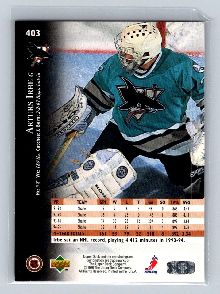 1995-96 Upper Deck #403 Arturs Irbe San Jose Sharks - Image 2 of 2