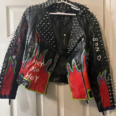 $169 Fashion SX Women's Black PU Leather Hand Painted Graffiti Biker Jacket, M