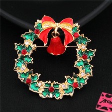 Cute Color Enamel Christmas Wreath Crystal Fashion Women Charm Brooch Pin Gifts
