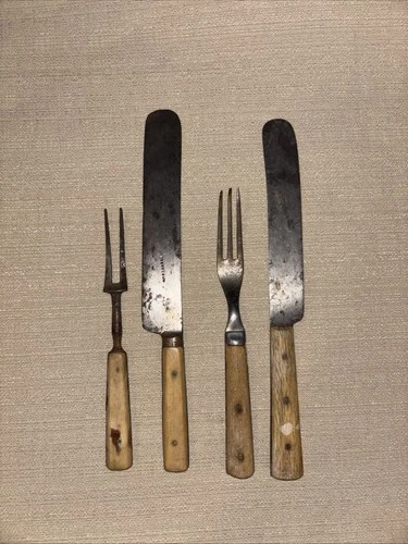 Antique Sheffield Bone Handle Knife & Fork Set + Early American Wood Handle