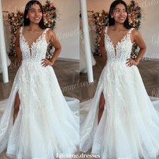 V Neck Wedding Dresses with Slit Summer Beach Boho Sleeveless Bridal Gowns