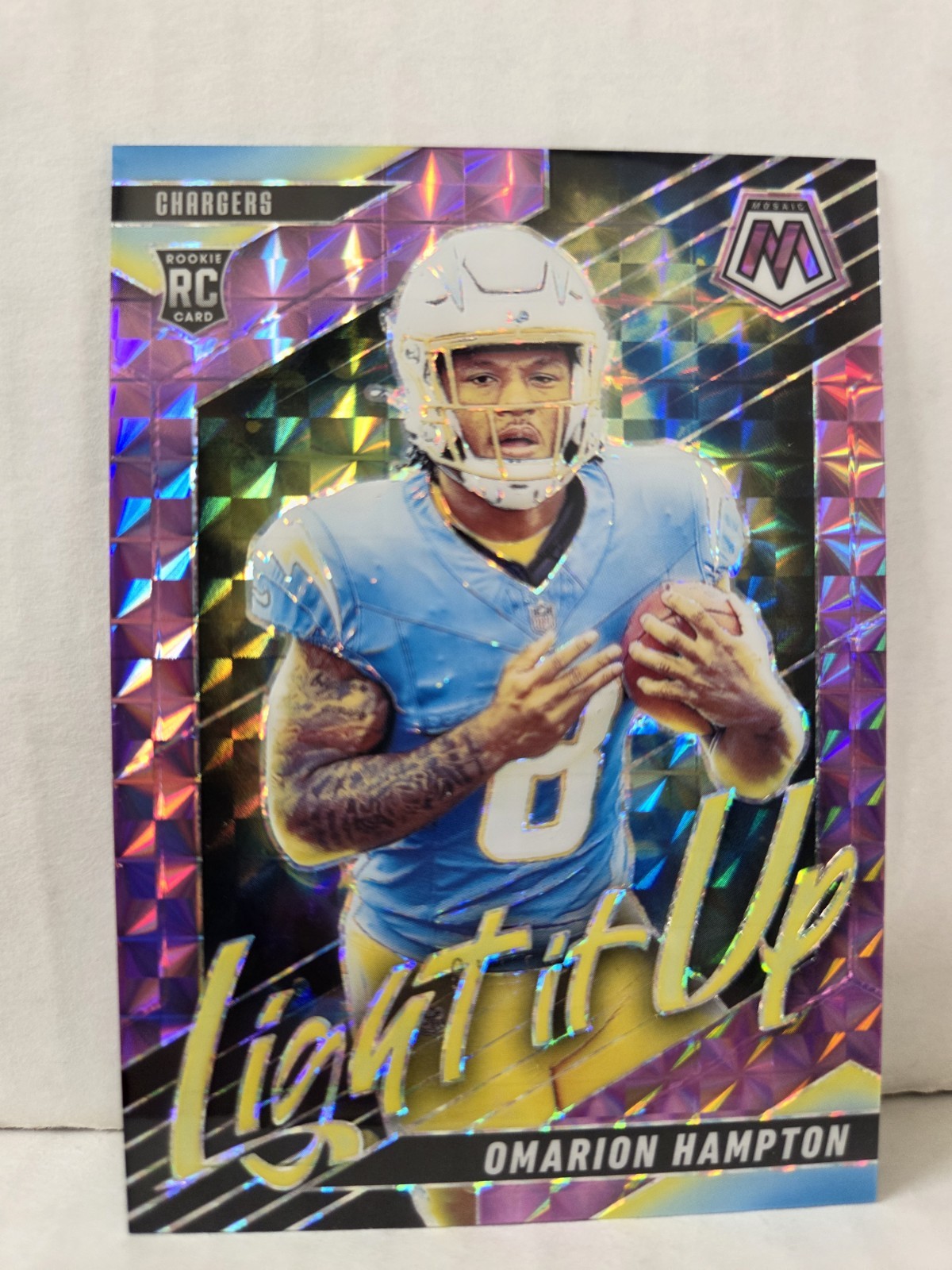 Omarion Hampton 2025 Panini Mosaic #12 Purple Prizm Light It Up /49 Rookie
