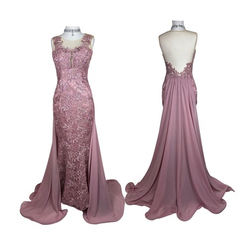 Vintage Dusty Rose Lace Mermaid Gown: Embroidered Illusion Tulle Evening Dress