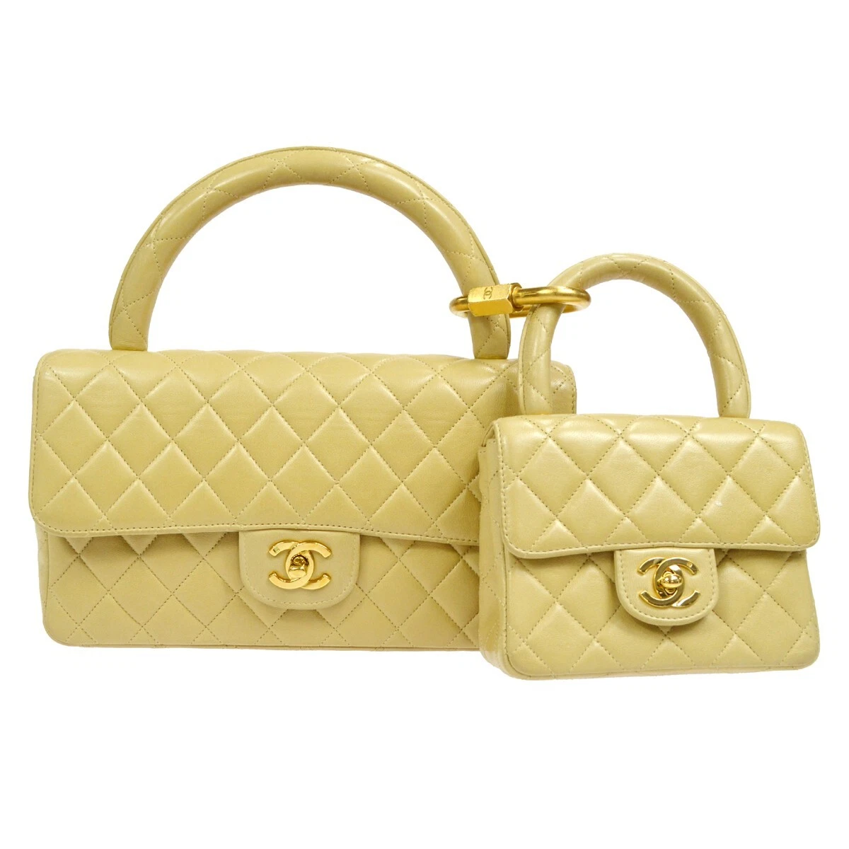CHANEL Classic Single Flap 2 in 1 Hand Bag Set Beige Lambskin