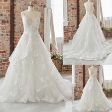 Elegant Ruffles Wedding Dresses Lace Applique V-neck Sweep Train Bridal Gowns