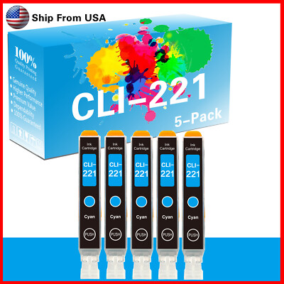 5PK CLI221 (Cyan) CLI-221 Ink Cartridge for Pixma MP540 MP990 PMFP3 Printer