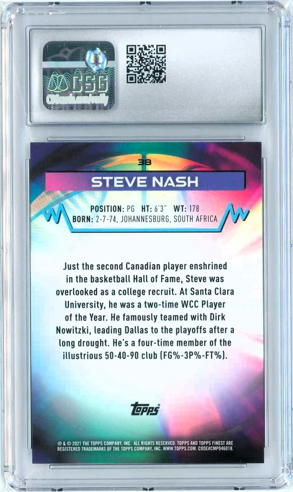 Steve Nash 2021 Topps Finest Basketball ATOMIC #38 SP /299 CSG 10 GEM MINT - Image 2 of 2