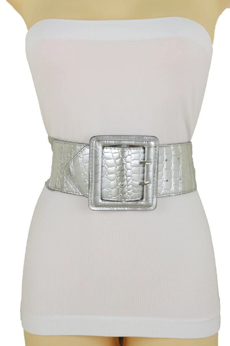 Women Silver Faux Leather Wide Elastic Belt Square Buckle Hip High Waist M  L XL