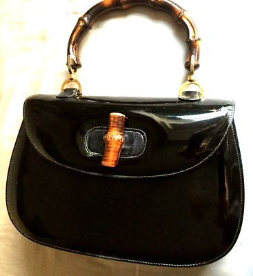 AUTH GUCCI 60' CLASSIC BLACK PATENT LEATHER HANDBAG BAMBOO HANDLE