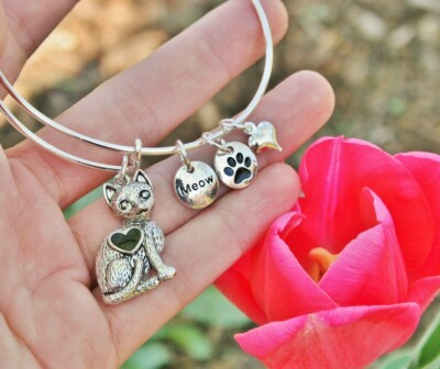 Cat Lady Expandable Wire Bangle Bracelet Kitty Lover Sterling Silver Plt Charms 