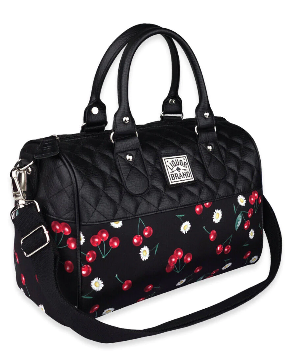 LIQUORBRAND BLACK HANDBAG RED CHERRIES DAISIES ROCKABILLY PINUP