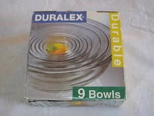 NIOB Vtg Duralex 9 pc Tempered Glass Nesting Bowl Set 9680,2-1/2" to 9",France r