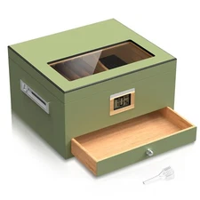 Cigar Humidor Cedar Wood Glass Desktop Holds 70 Cigars Green Box 2 Layler