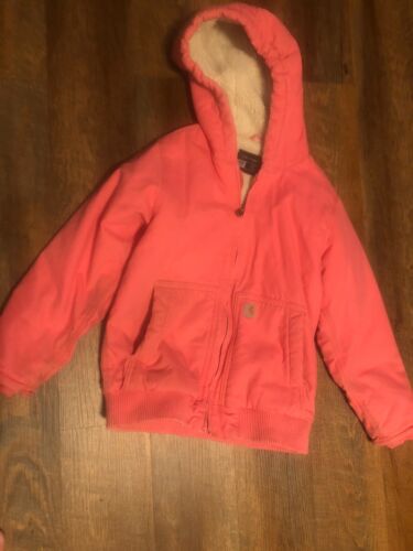 Carhartt Girls Size S-p-p 7/8 Pink Sherpa Lined Full Zip Hooded Canvas Jacket - Picture 1 of 7