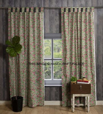 2 Pcs Indian Hand Block Print Curtain Drape Window Decor Multi Cotton Curtains
