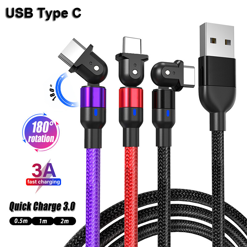180° Rotate USB C Cable LED Type C 3A Fast Charging Data For