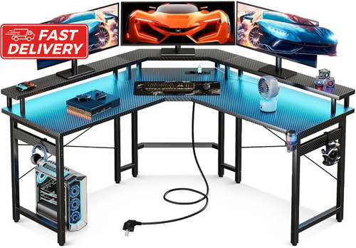 L Shaped Gaming Desk w/ LED Lights, USB Ports, Monitor Shelf, Black Workstation - Picture 9 of 12